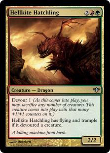 Hellkite Hatchling
 Devour 1 (As this enters the battlefield, you may sacrifice any number of creatures. This creature enters the battlefield with that many +1/+1 counters on it.)
Hellkite Hatchling has flying and trample if it devoured a creature.